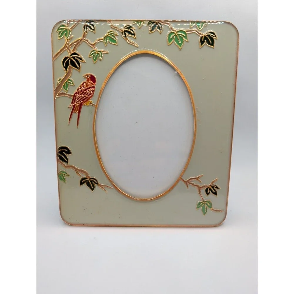 Vtg Hallmark Enamel And Brass Photo Frame Red Bird Tree Leaves Branches